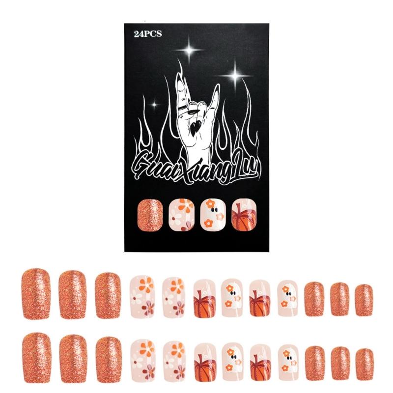 

Halloween Medium Square Press On Nail 24pcs Thanksgiving False Nails With Flower And Pumpkin Details For A Festive Look 1