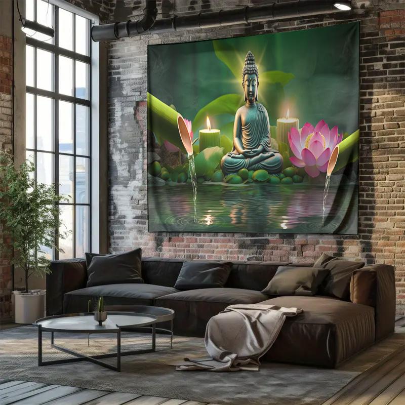 Buddha Lotus Water Candle Zen Meditation Wall Tapestry Machine Washable All Season Decor Art Print Spiritual Design Home