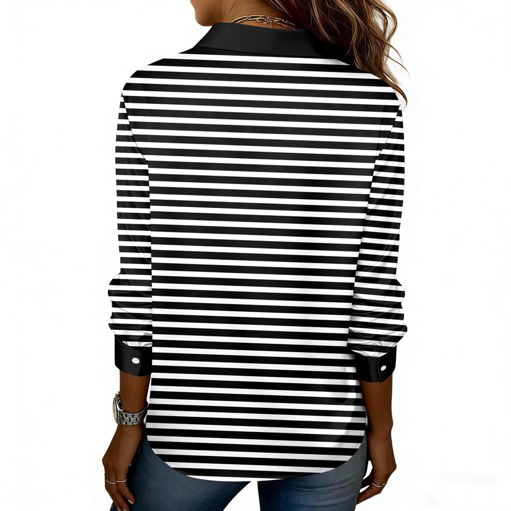 Damen-Hemdbluse, bedruckt, Knopfleiste, langärmelig, lässig, Basic, Hemdkragen, normales Oberteil