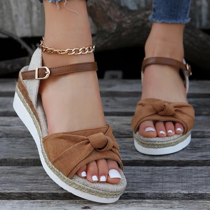 Fashion New Style Pleated Leopard Sandals for Women Buckle Decor High Heel Wedge Sandal Woman Summer Outdoor Platform Sandalias Mujer