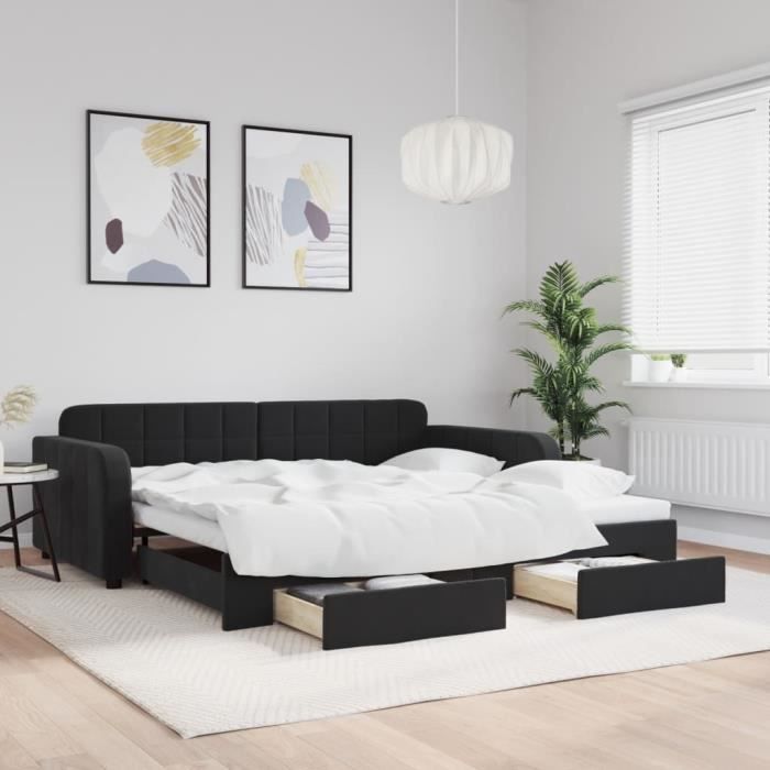 VidaXL Daybed with Trundle and Drawers Black 100x200 Cm Velvet 3196988