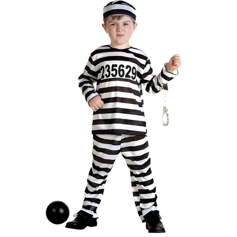 

Kids Striped Prison Costume Set With Numbered Badge Cosplay Outfit Photo Props Accessories For Halloween And Role Play 140 чёрный