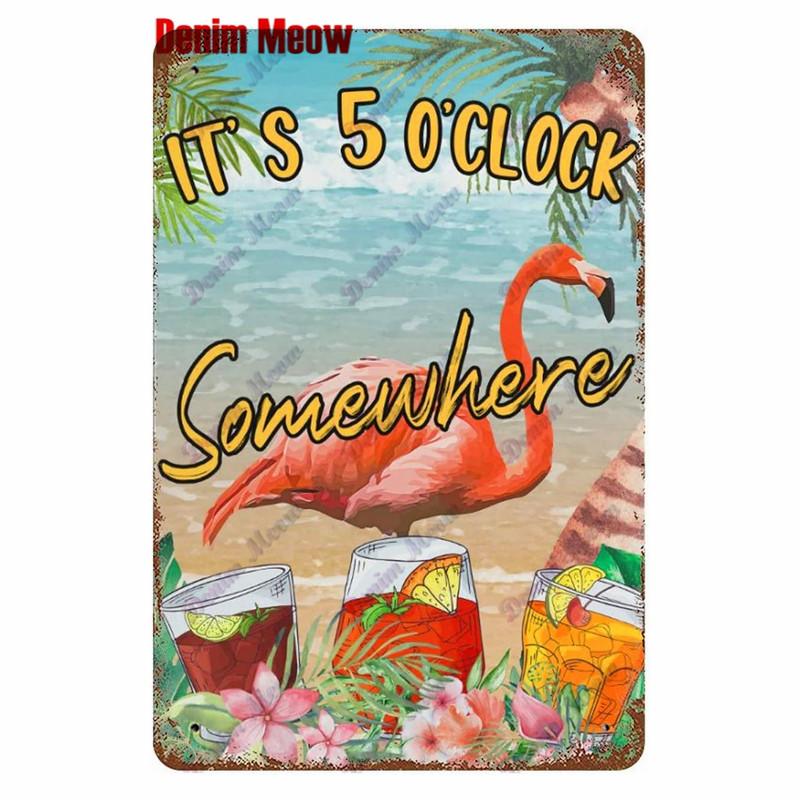 Metal Tin Sign Wall Decor, Vintage Parrot Cocktail Bar Plates, Kitchen Painting Decor, It's 5 O'clock, WY23