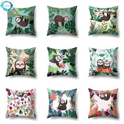 Animal Sloth Printed Throw Pillow Cover Tropical Plants Polyester Pillow Case Decorative Pillowcase Green Leaves Cushion Cover