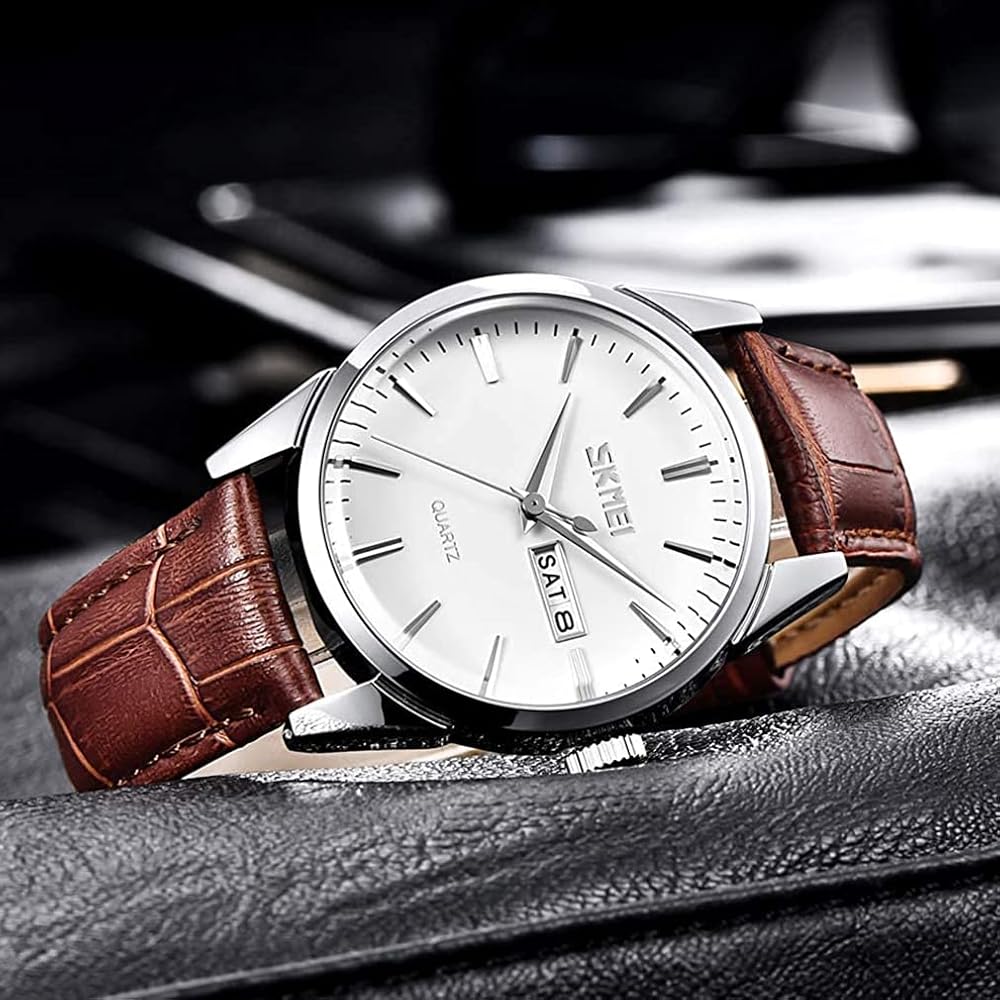 Men's Classic Brown Leather Strap Watch Waterproof Quartz Analog Casual Simple Date Day Lightweight Silver