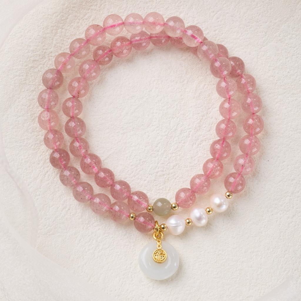 Popular on Xiaohongshu: Natural Strawberry Crystal Bracelet for Women, New Chinese Style, High-end Pink Crystal Bracelet, Perfect for Gifts