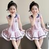 Girl Rabbit Police Officer Knitted Pleated Skirt Summer 2026 New Item Baby Girl Flying Sleeve Navy Collar Summer Dress Princess Skirt