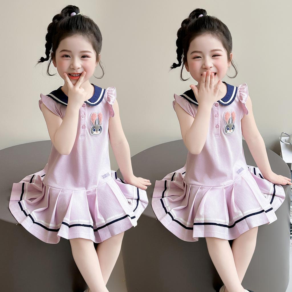 Girl Rabbit Police Officer Knitted Pleated Skirt Summer 2026 New Item Baby Girl Flying Sleeve Navy Collar Summer Dress Princess Skirt