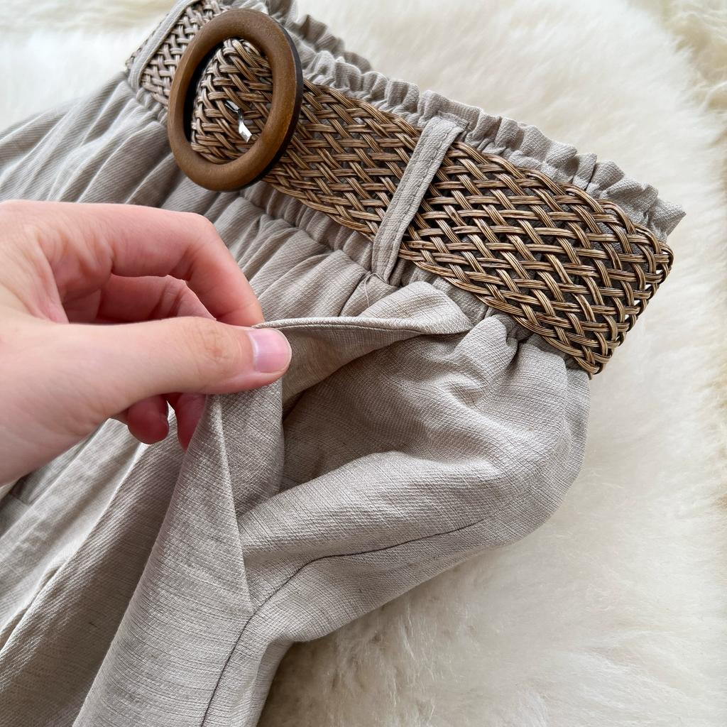 Summer Women Chic Boho Cotton Linen High Waist Wide Leg Pocket Pant Trouser With Belt For Girls