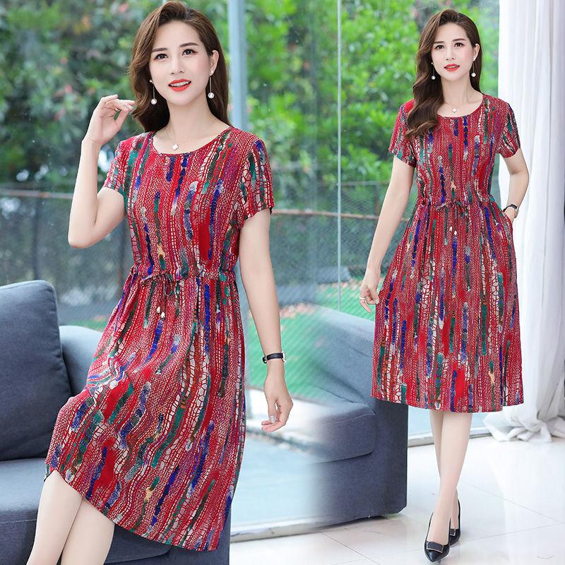 Middle Aged and Elderly Women's Dress Summer Dress Knee Length Short Sleeved Round Neck with Oversized Cotton Silk Long Skirt