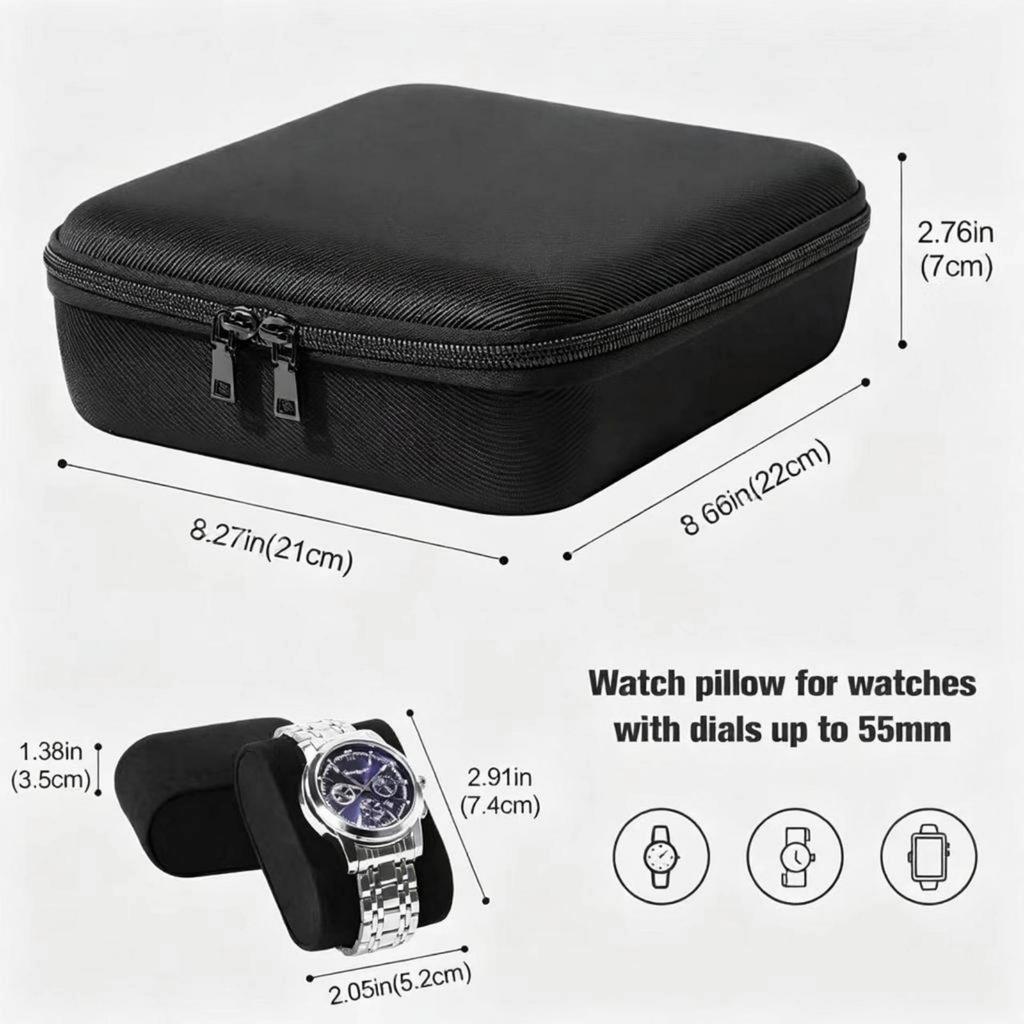 Stylish Black Watch Storage Pouch Accommodates 6 Watches Featuring EVA Frame Waterproof Storage Bag Organizers Case