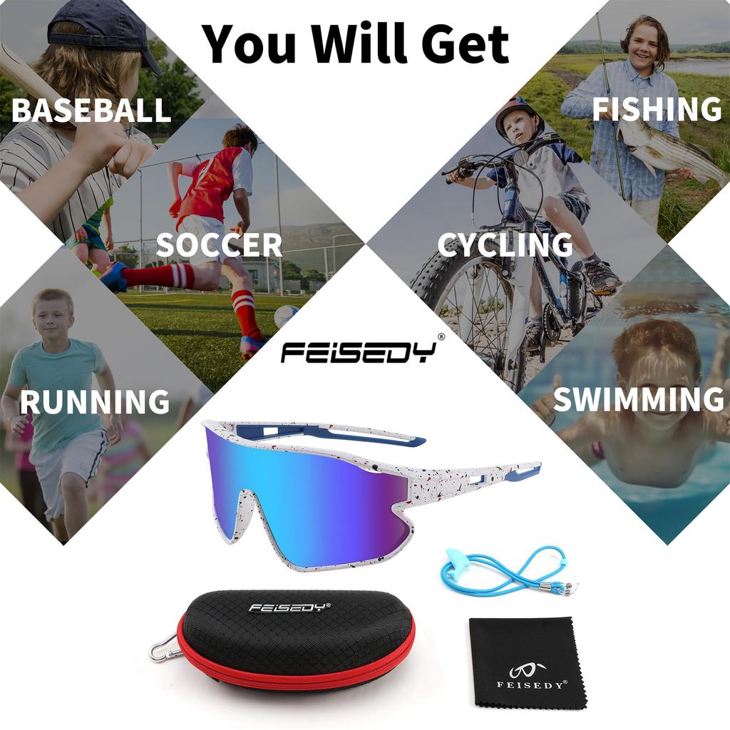 FEISEDY UV400 for Boys and Perfect for and B4064 Kids' Sunglasses, Protection, Unisex, Girls, Cycling, Baseball, Tennis, Bass, Fishing, Hiking,