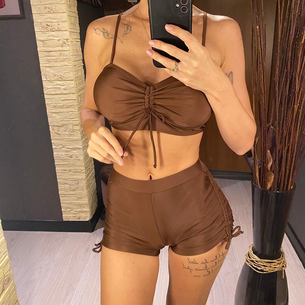 Gekräuselte geknotete Shorts Hohe Taille Bikini Damen Badeanzug Damen Bademode Zweiteiliges Bikini-Set Badegast Badeanzug Swim V6197