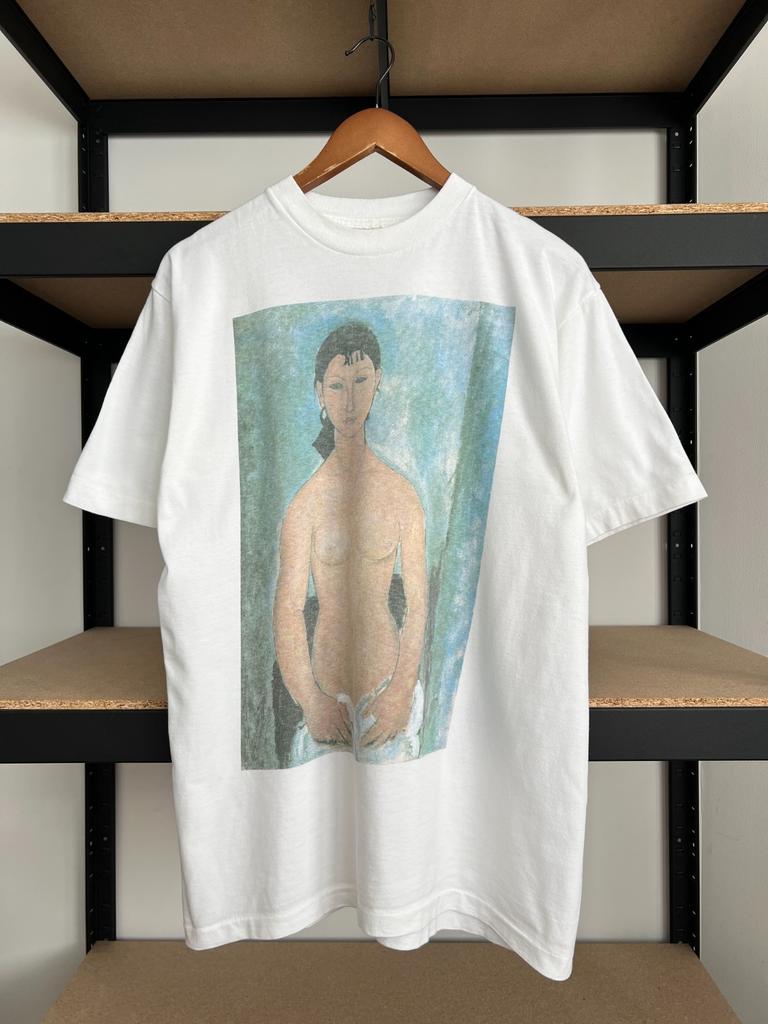 Vintage 90er Amedeo Modigliani Elvira 1918 Kunst Weißes T-Shirt Gr. L