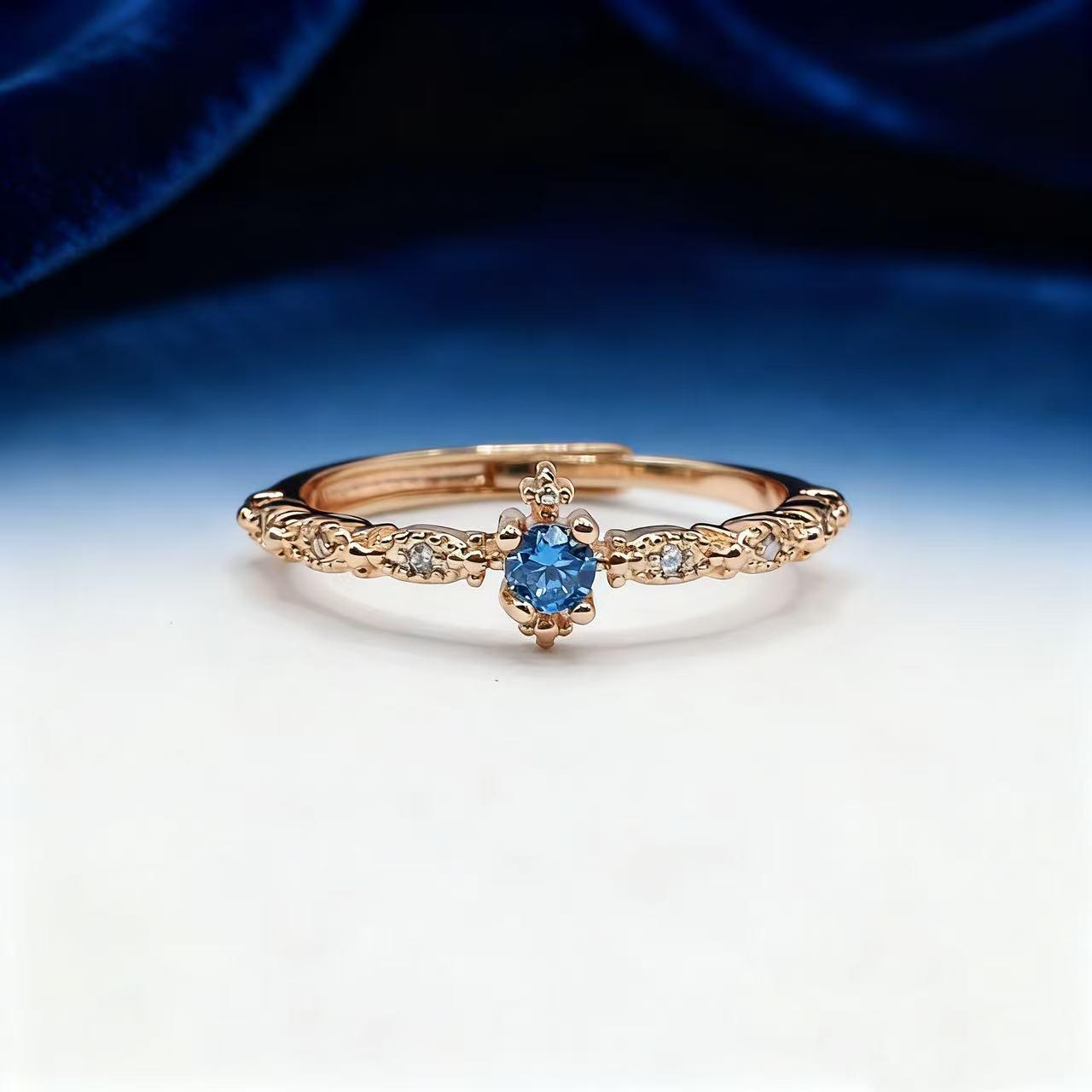Yintai Fei Elegant Court Style Blue Zircon and Rose Gold Open Ring – Luxurious Jewelry Piece Adjustable Open