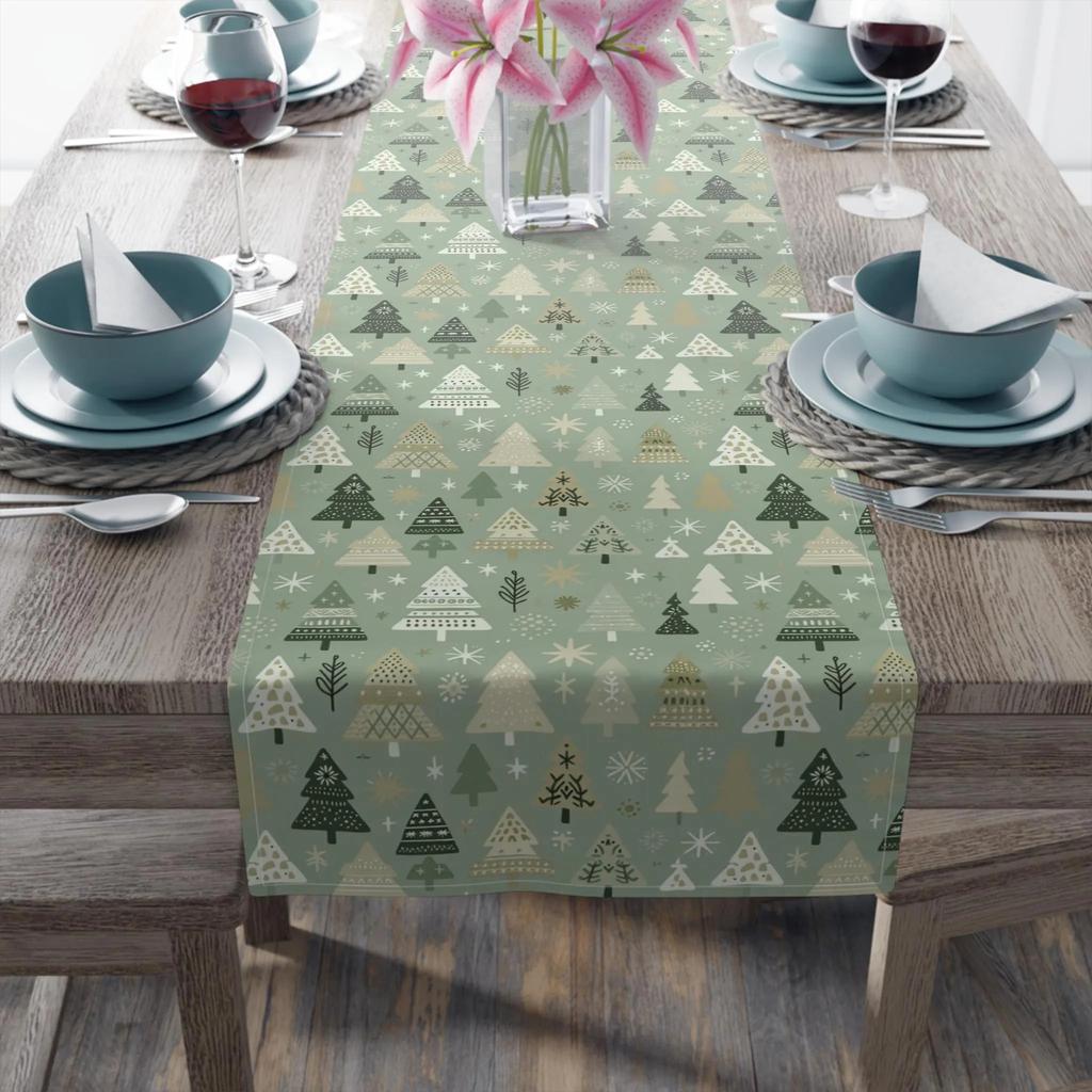Sage Green Christmas Tree Table Runner - Boho Scandinavian Style Holiday Decor, Soft Linen Feel For Dining Table Christmas Party