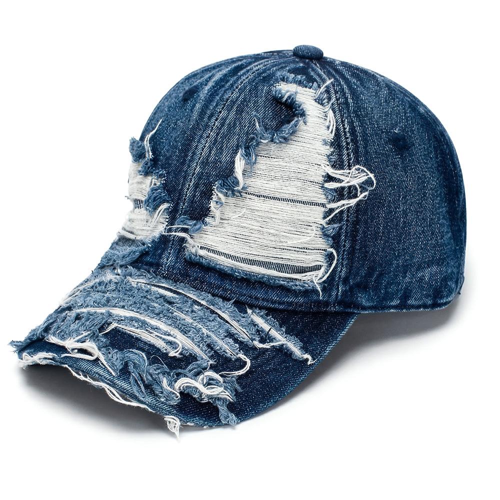 American-style Retro Denim Baseball Cap, Men's and Women's Version, Distressed Washed, with Worn-out Holes On the Brim.