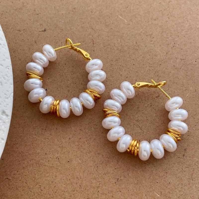 Temperament Double Color Faux Pearl Circle Hoop Earrings For Women Real Gold Plated Copper Wedding Casual Jewelry
