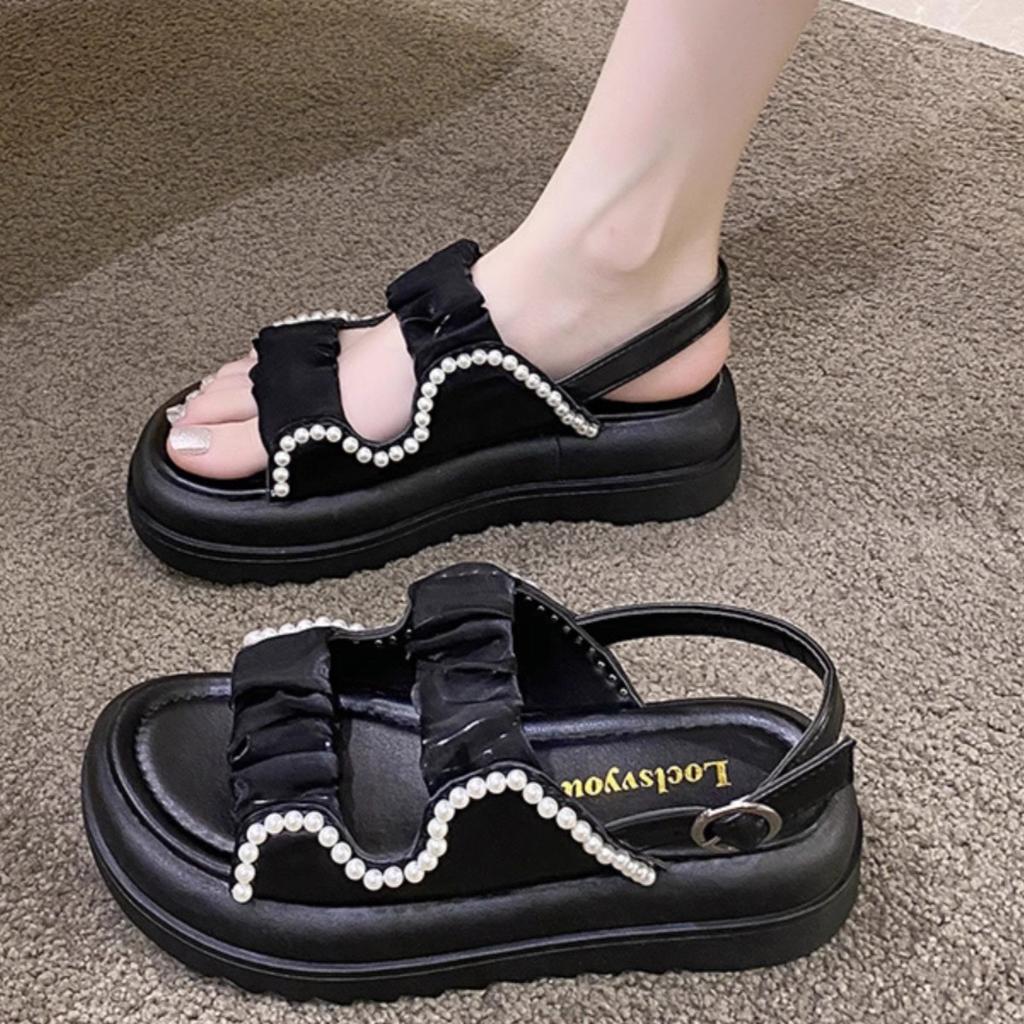 2025 Popular Sandals New Fashion Fairy Word with Sandals Pearl Outer Wear Soft-soled Casual Women's Shoes