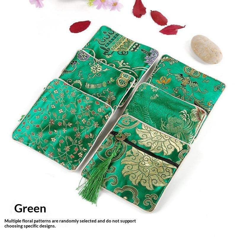 Traditional Chinese Brocade Square Pouch Embroidery Pattern Tassel Zipper Waterproof for Jewelry Cosmetic Home Travel Use