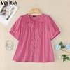 VONDA Summer Women O Neck Puff Sleeve Pleated Buttons Up Casual Blouse Tops