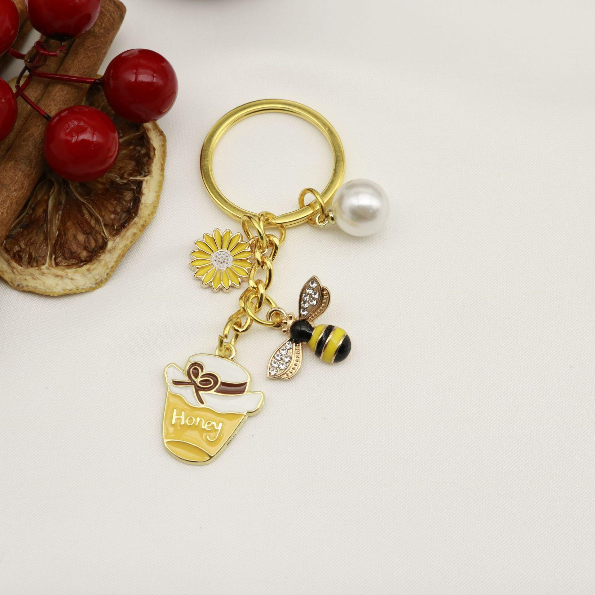 Cartoon Bee Honey Flower Pearl Keychain Pendant