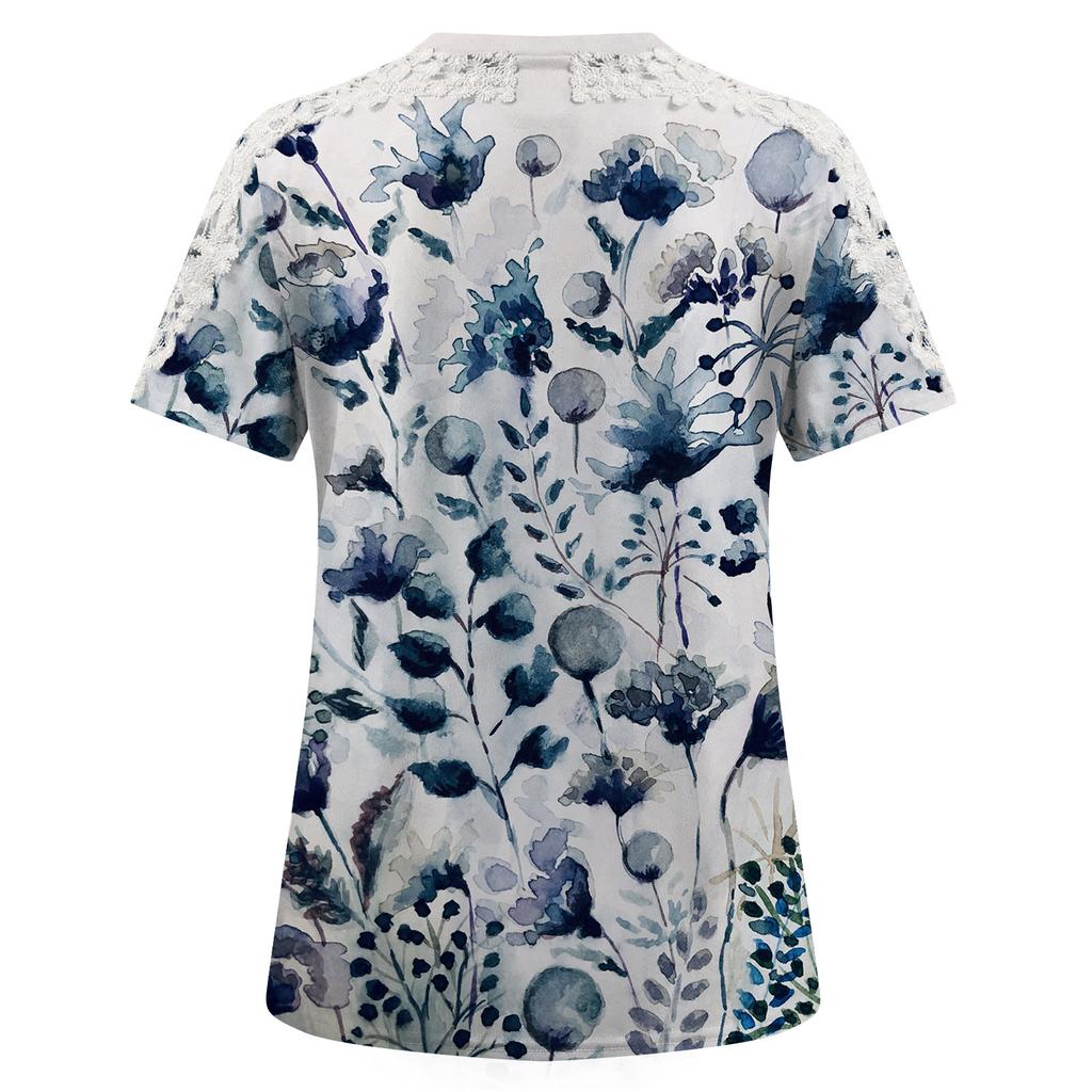 Women's Fashion Lace Hollow Print Round Neck Short Sleeve T-shirt Top