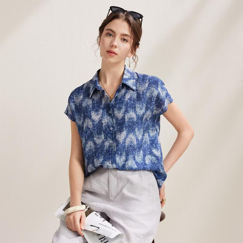 Zhaojun Damen Seidenbluse mit Print, kurzärmelig