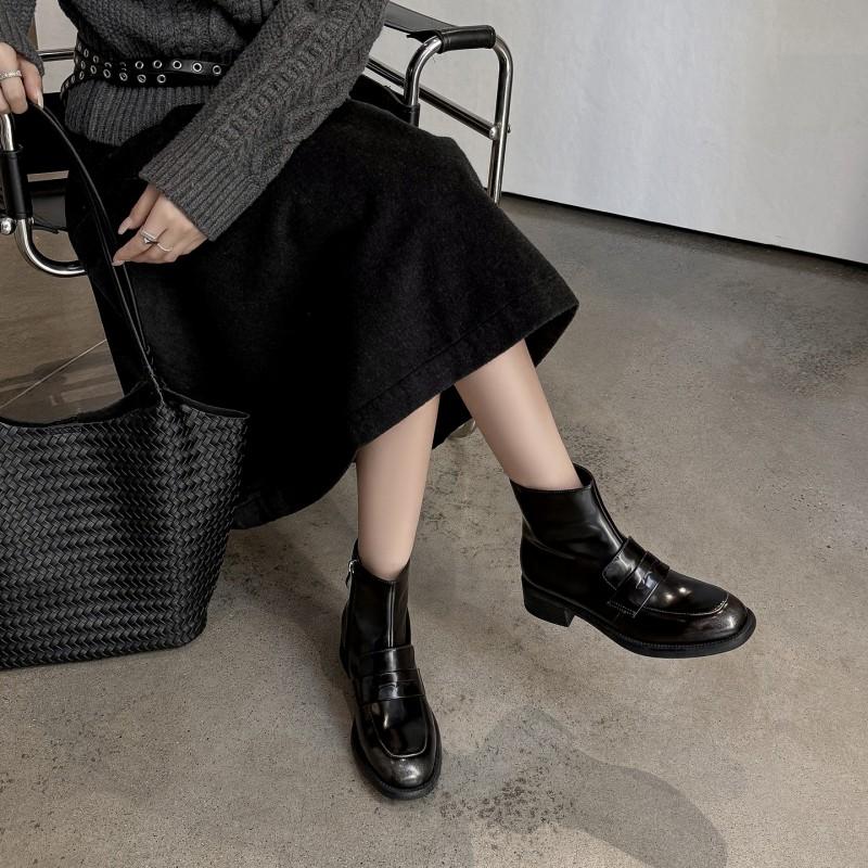 3.5C Style Short Boots Women Round Toe Chunky Heel Side Zip Martin Fall Winter