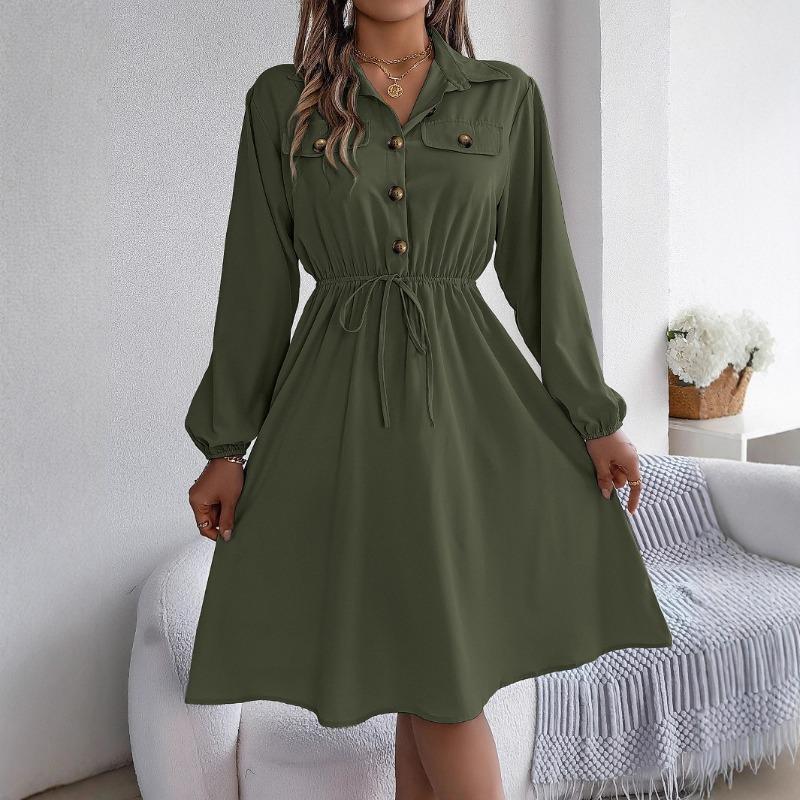 Casual Lace Up Waist Long Sleeve Solid A Line Shirt Dress For Women