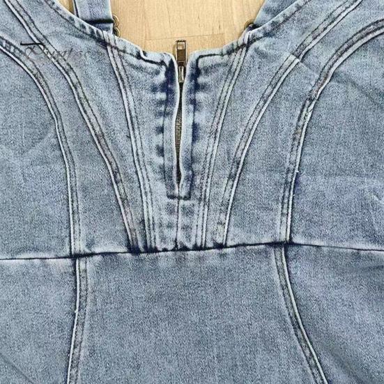 Dame Sommer Denimkjole Lav U-hals Ryggløs Ermeløs Glidelåslukking Slim Fit Distressed Sidesplitt Retro Etui Midi-kjole