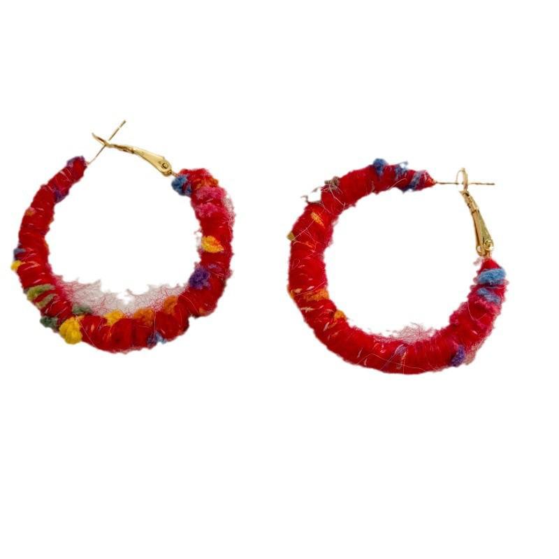 Colorful Red Woolen Hoop Earrings for Autumn and Winter - Large Bohemian Ethnic Retro Hong Kong Style Festive Accessory