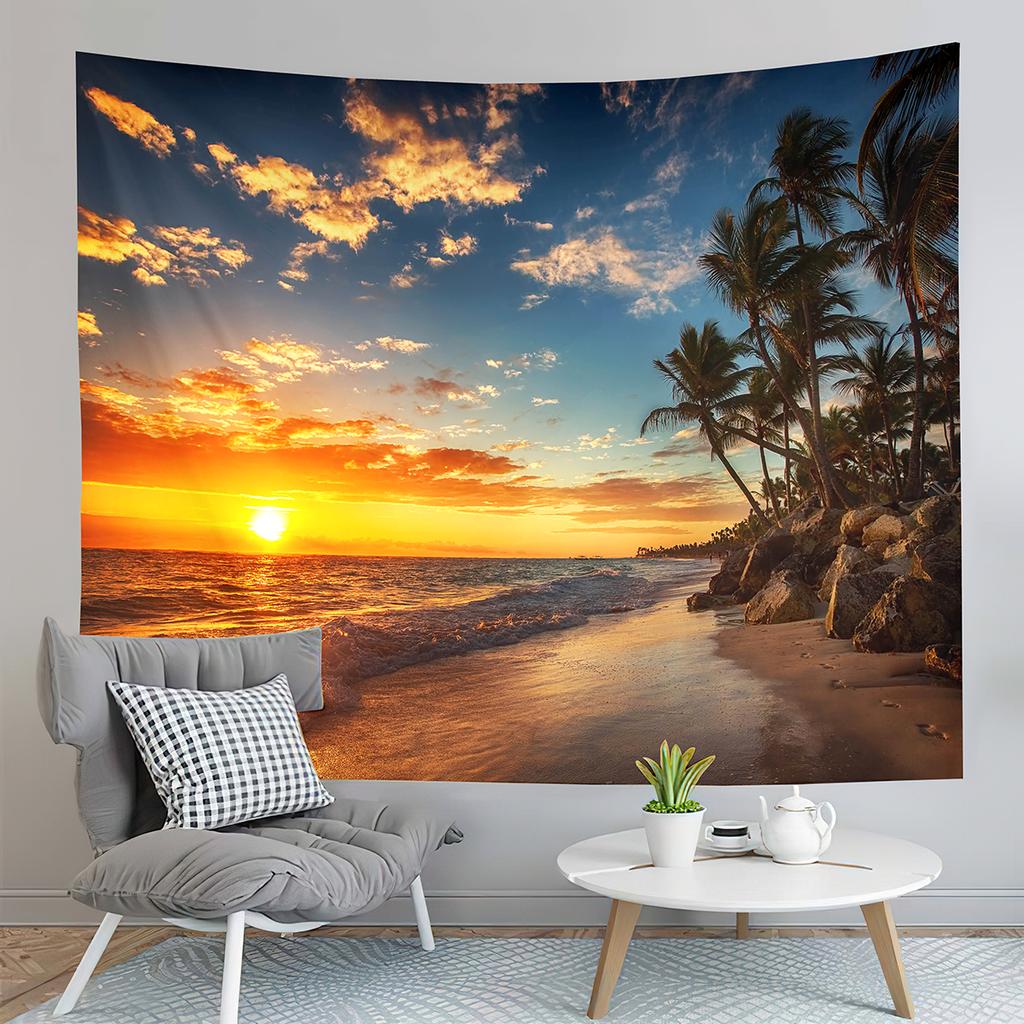 Sunset Beach Tapestry Ocean Waves Tapestry Golden Sky Tapestry Home Living Room Bedroom Dorm Wall Hanging Decorative Blanket