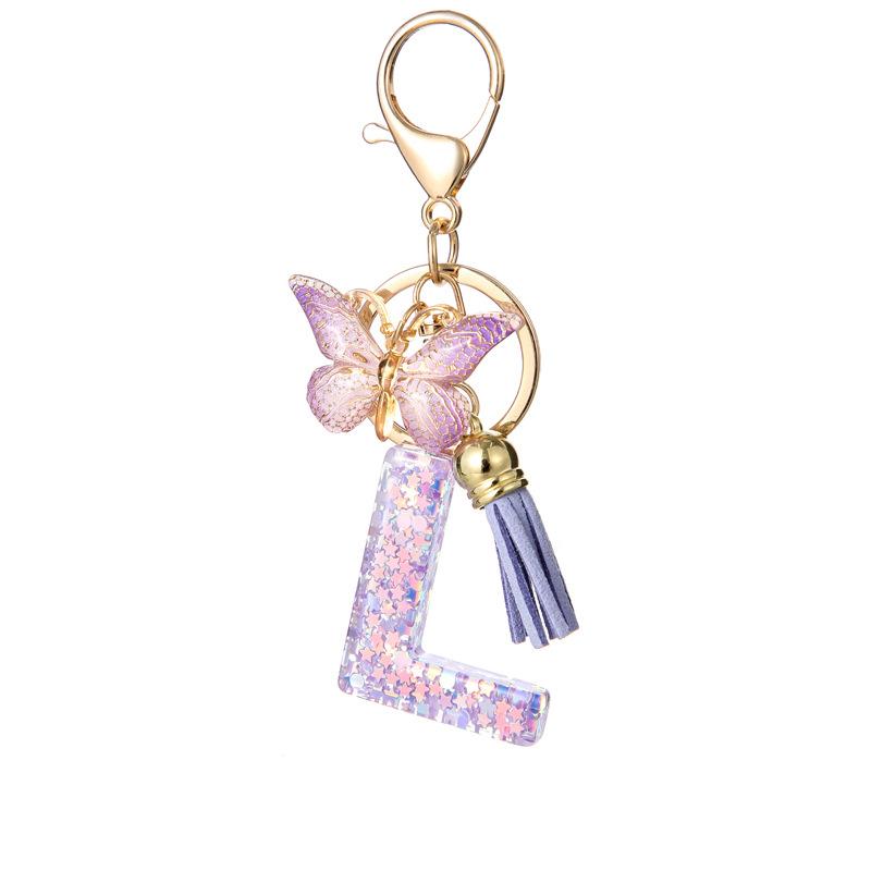 A-Z Alphabet Resin Keychain Purple Butterfly Tassel Pendant Classic Retro Durable Women Bag Accessory Practical Backpack Hanging Charm