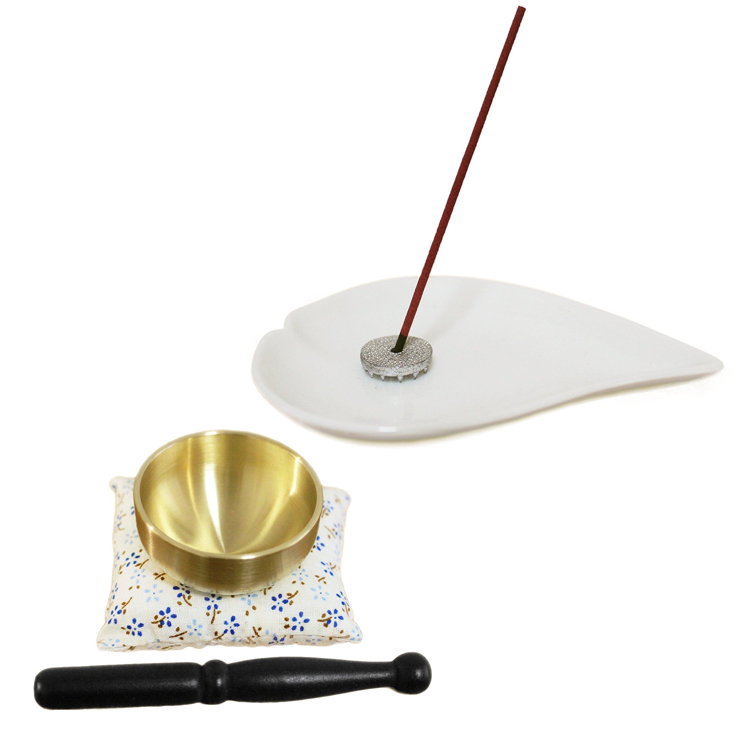 

Buddhist Altar Accessories: Metal Reversible Incense Holder with Heart-Shaped Incense Dishes (White, Includes Orin and Korin)