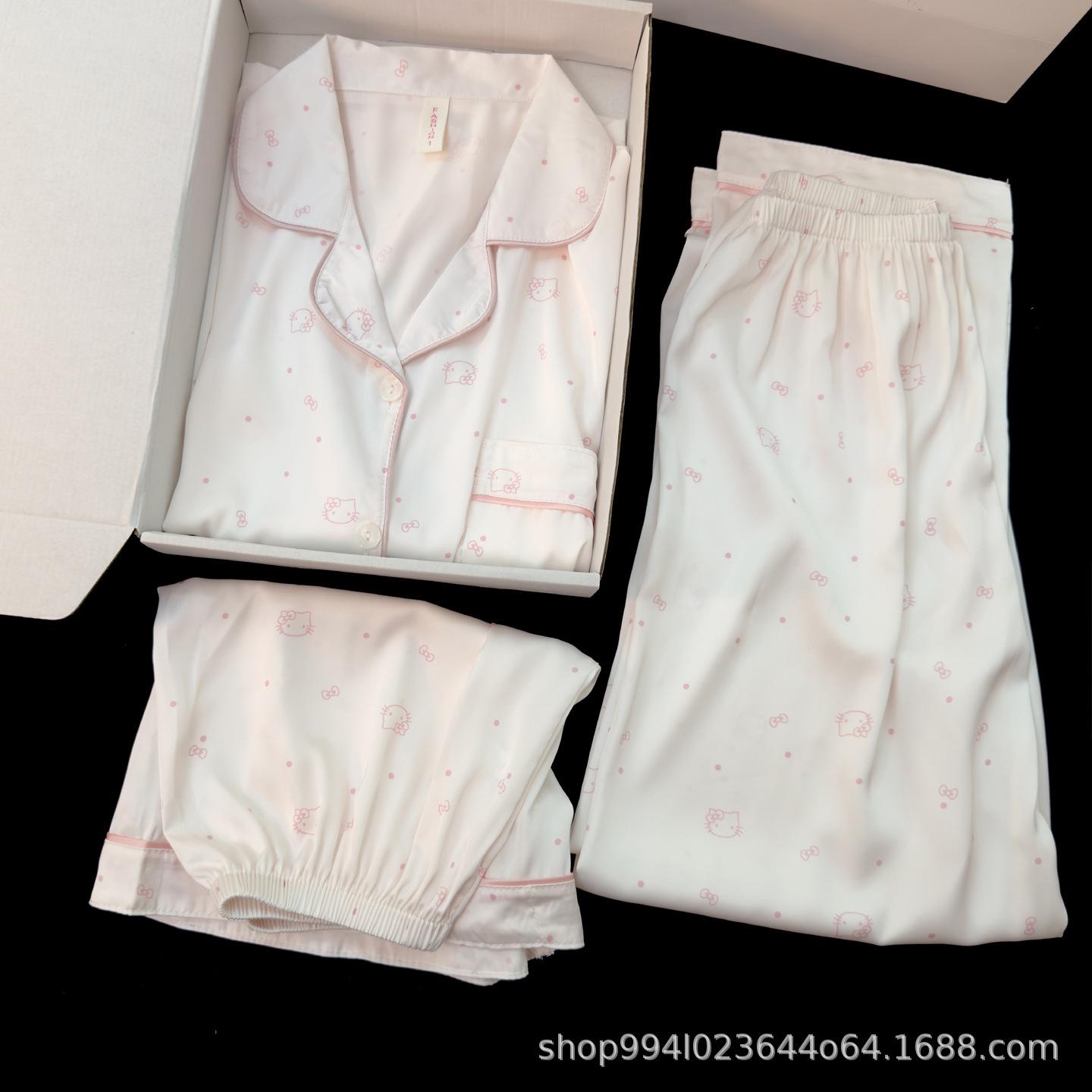 Ice and snow silk three-piece pajamas women s short-sleeved summer ice silk cartoon cute silk satin loungewear set M