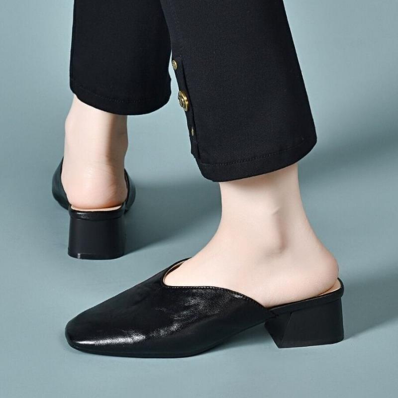 thick heel square head bag head drag leather half slippers women's versatile medium heel sandals women's brown outer wear drag