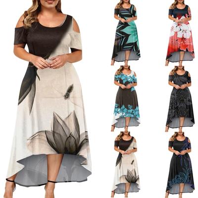Women's Large Size Short Sleeve Fashion Print Round Neck Strapless Irregular Hem Dress