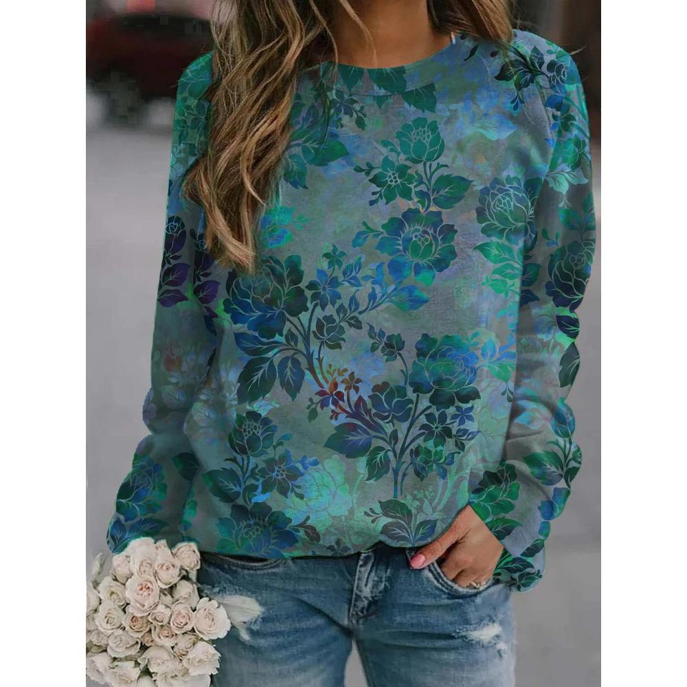 Fall Workout Long Sleeve Tops Women's Plus Size Retro Floral Print Blouses Casual Comfy Dressy Crew Neck Shirts
