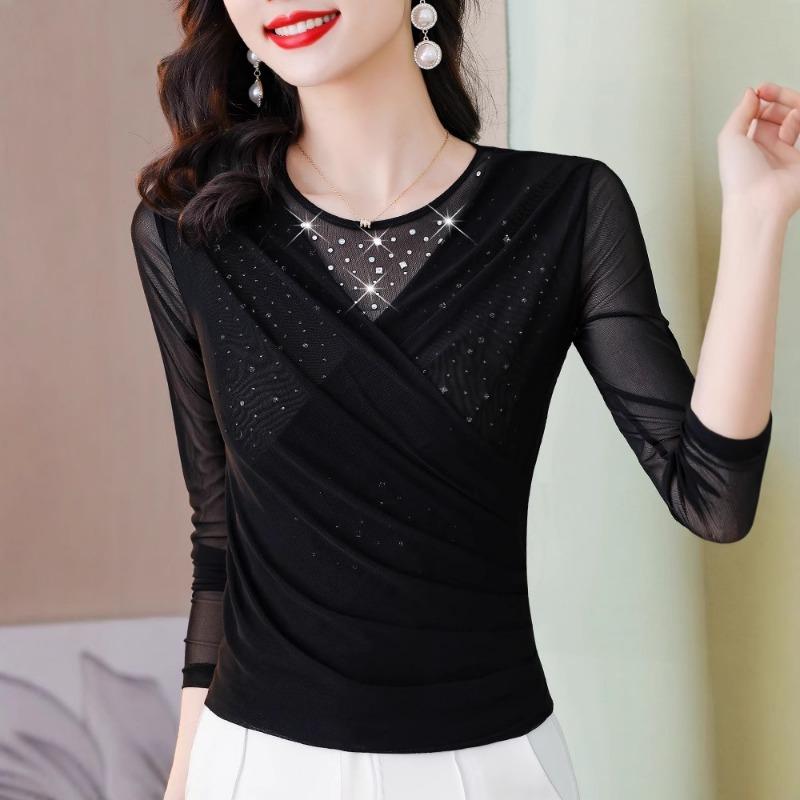 Fashionable Cross Neck Women's Autumn Winter Long Sleeved Round Neck with Velvet Solid Color Slim Fit Base Shirt T-Shirts Women’s