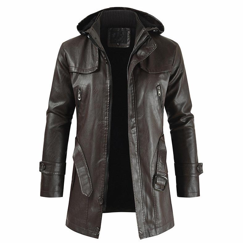 Coat Windproof Clothes Men's Hooded Long Leather Coat Men's Leather Motorcycle Leather Fashion Winter Korean Fashion Jacket