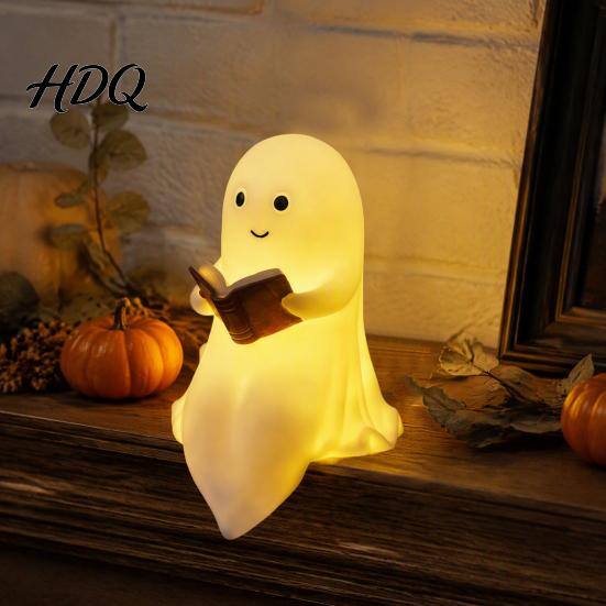 Novelty Dorm Room Decor Halloween Ghost Lamp Cute Middle Finger Ghost/Reading Book Night Light Funny Vinyl Ornament Spooky Figurine for Tabletop,