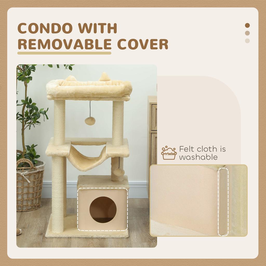 Cat Tree 90cm Cat Tower With Sisal Scratching Posts Cat Condo Hammock Top Perch And 2 Hanging Toys For Cats Beige