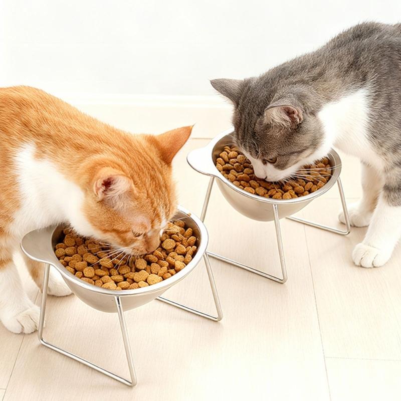 Futter- und Wassernapf für Katzen mit Ständer, glatte 304-Metallkonstruktion, abgerundeter Rand und markante Ohrenprofil-Akzente