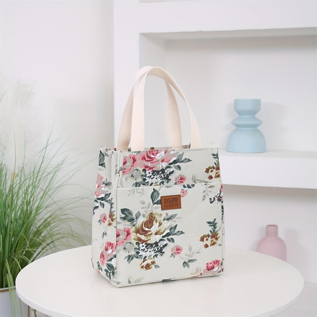 Vintage Floral Fabric Handbag - Thickened Work Tote with Front Zipper Pocket, Portable Cup Box Storage Bag, Semi-Sealed with Zipper Closure