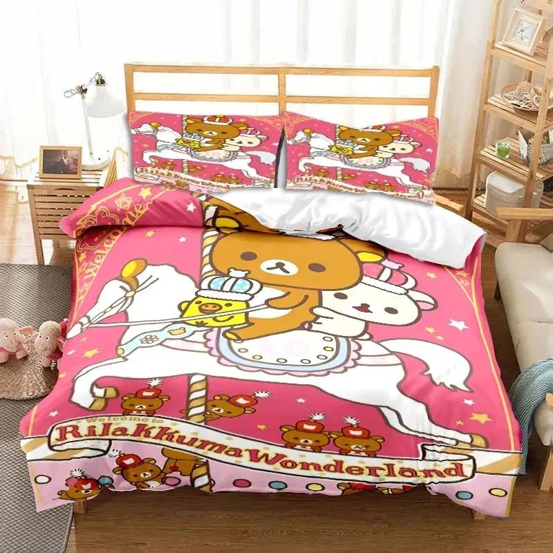 3dCartoon Rilakkuma Ayı Yatak Takımı Yorgan Kılıfı Yatak Takımı Yorgan Kılıfı Yastık Kılıfı Yorgan King Queen Boy Erkek Çocuk Yetişkin Yatak Takımı
