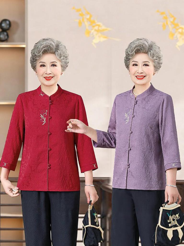 New Embroidered Seven-Sleeve Tang Suit Top for Middle-Aged & Elderly Women - Chinese Style Spring/Autumn Shirt