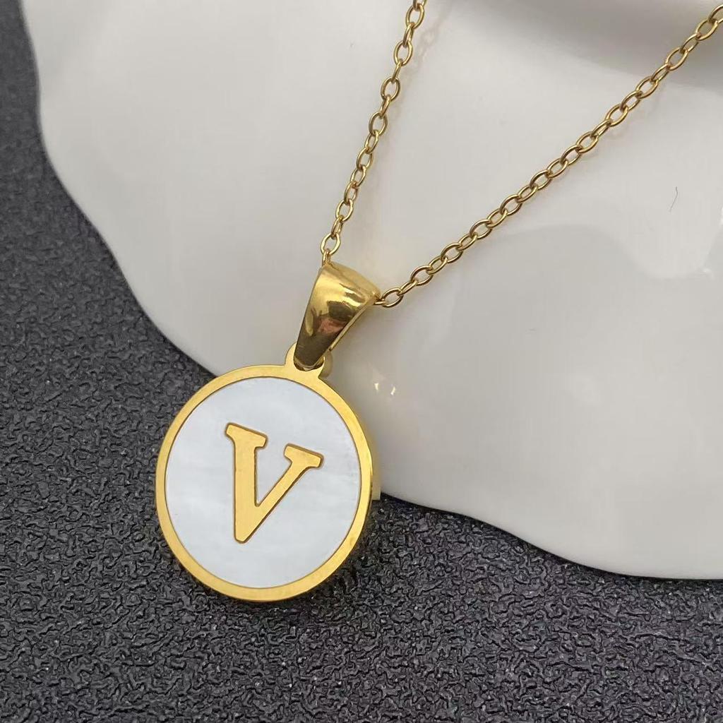 White Stainless Steel Small Round Tag Necklace - 26 Letters, Women's Cold Style Fashion, Versatile Light Luxury, 2025 Collection.