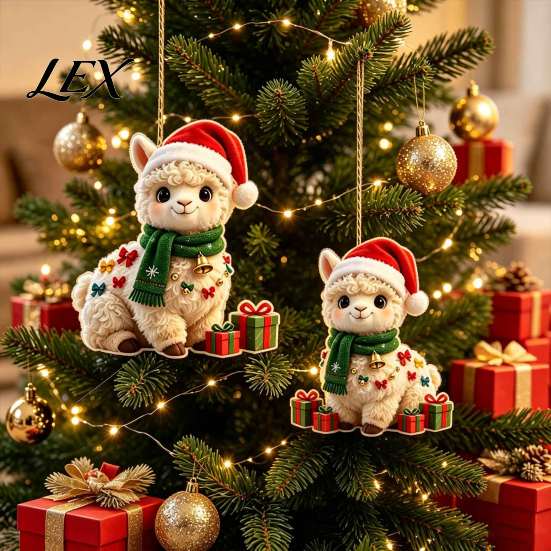 Cute Llama Xmas Gift Tags 2Pcs Christmas Alpaca Hanging Ornaments, 2D Flat Acrylic Decoration, Tree Decorations for Friends Pendants Holiday Backpack