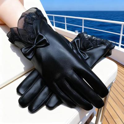 Touchscreen Gloves Women's Winter Fashionable Korean Style Fleece Lined Windproof Leather Gloves Cycling Cute Gloves